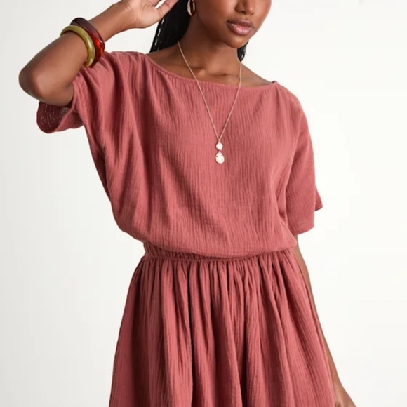 Lulus Aevorn Rusty Rose Gauzy Short Sleeve Mini Dress Pink - Size L - Picture 2 of 6